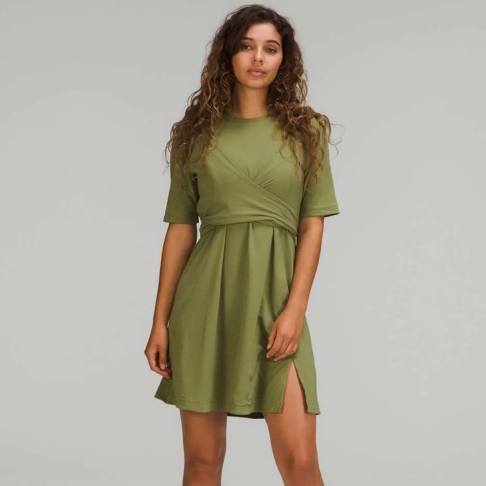 Lululemon Olive Green Cotton Wrap-Front T-Shirt Dress (8)
